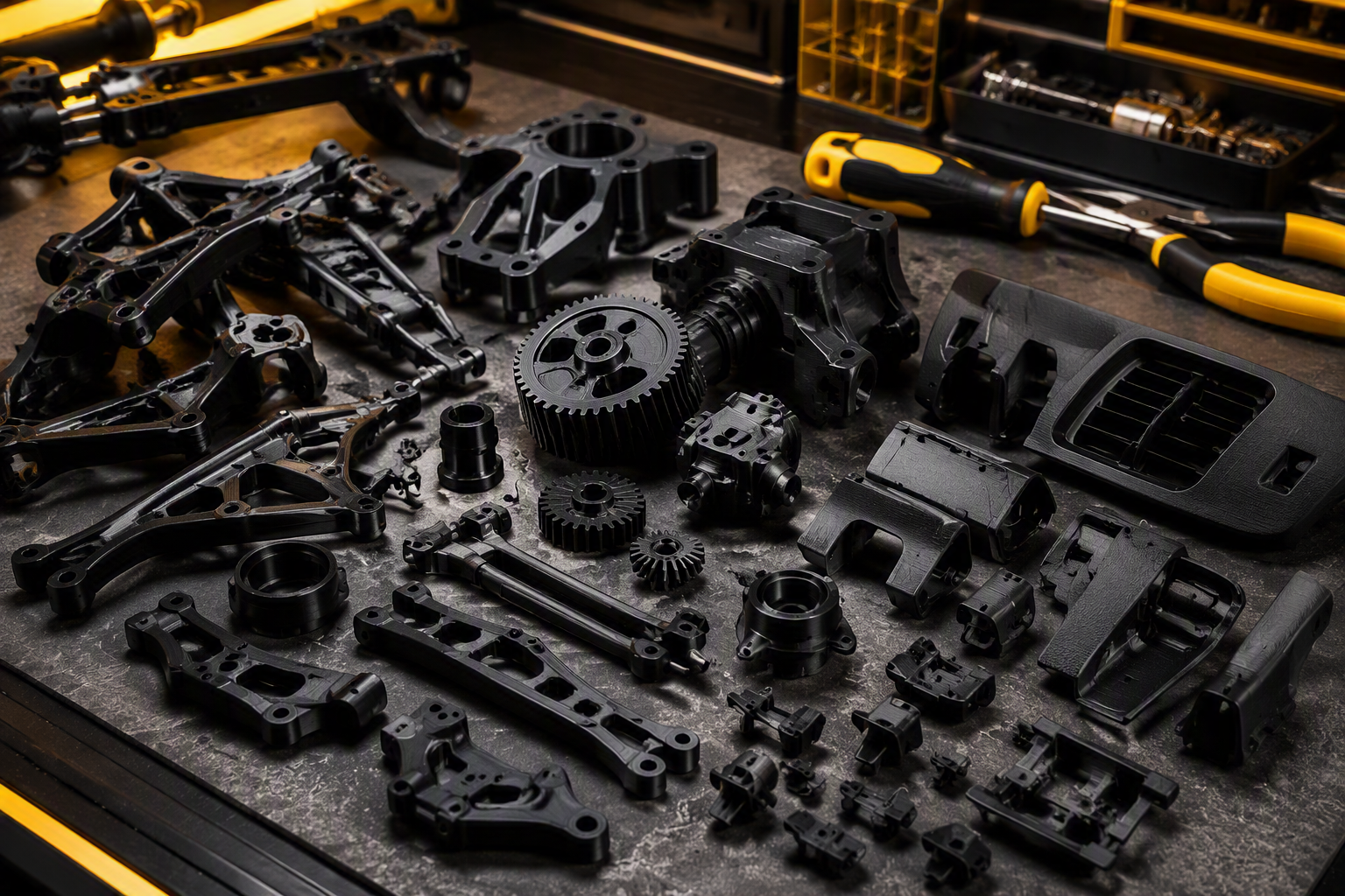 A selection of black 3D printed RC and automotive components on a workbench