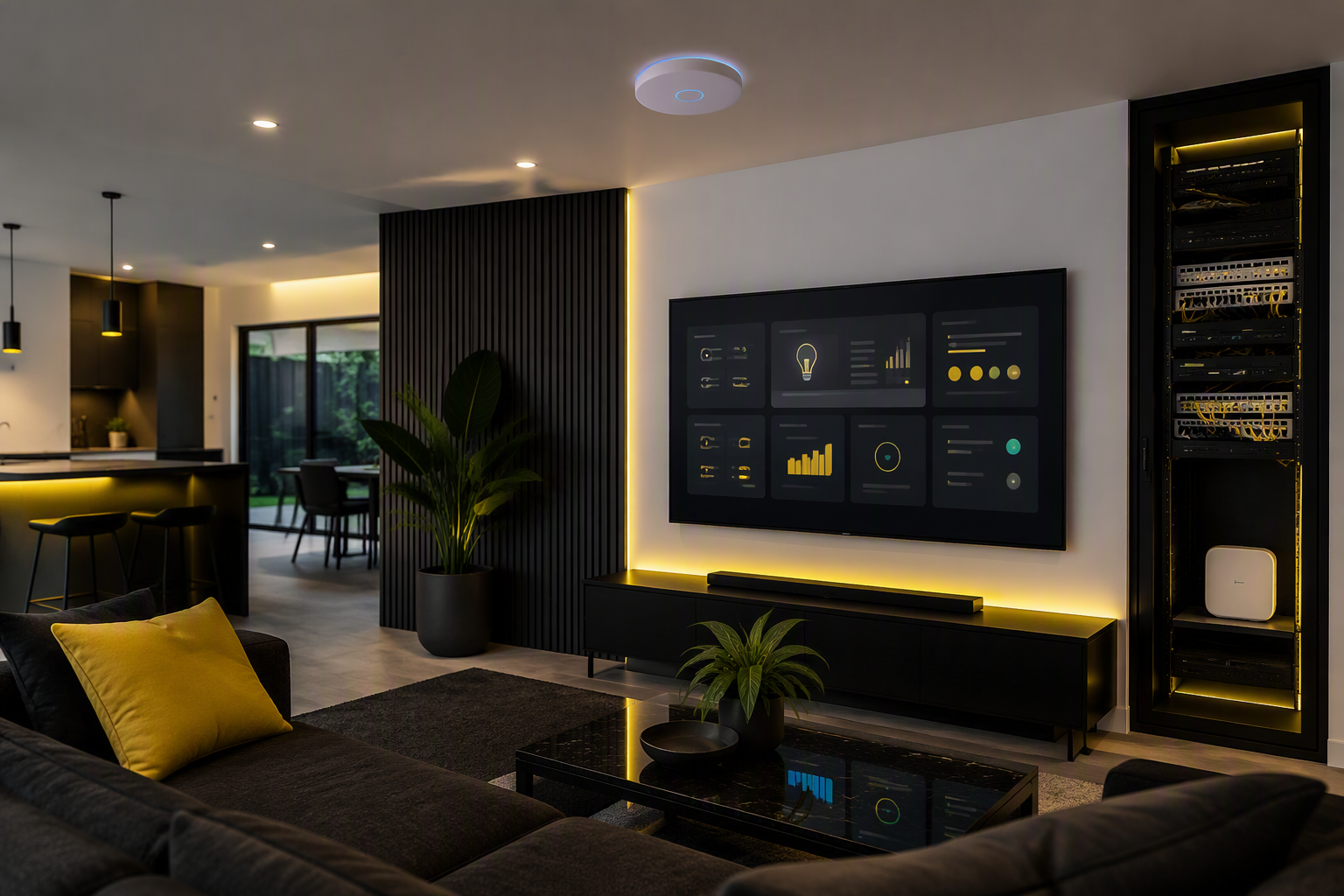 Modern home with a smart home dashboard and installed network equipment