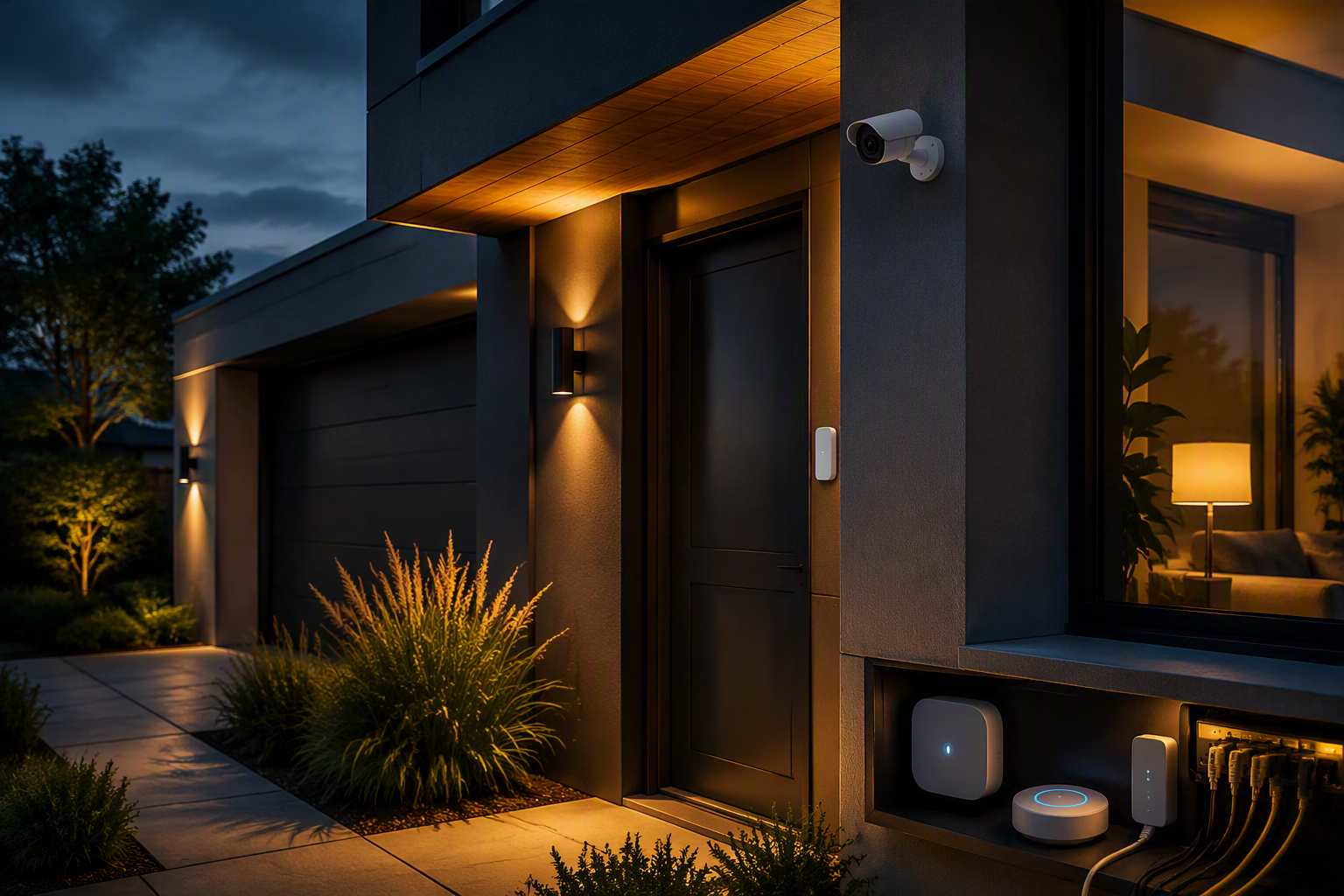 Modern home with network-connected camera, sensor and security equipment